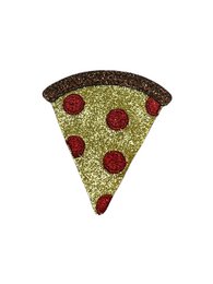  A glittery pizza slice brooch with a red center and brown crust. The brooch has a fun, playful design that would be a stylish accessory for casual or dressy outfits.