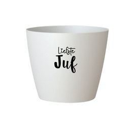 White ceramic flowerpot with the text "Liebe Juf" (Dear Teacher) printed on it, containing a green leafy plant.
The product is a white ceramic flowerpot with the text "Liebe Juf" (Dear Teacher) printed on it. The flowerpot contains a green leafy plant, likely a houseplant or small indoor plant. The shape of the flowerpot is round and simple, with a smooth, matte finish. This product would be suitable for use as a decorative planter or gift for a teacher.