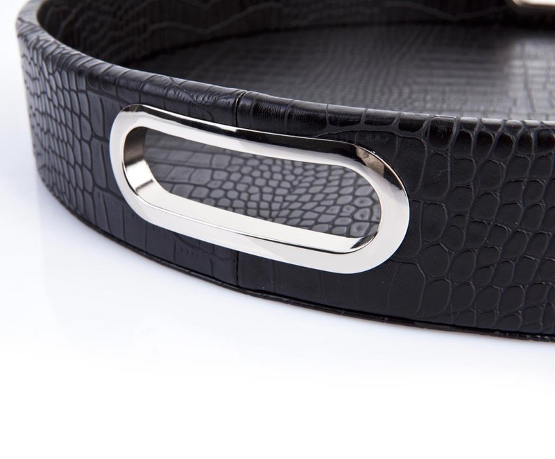 Plateau rond en cuir de crocodile simili cuir noir avec poignées en acier inoxydable plateau de service