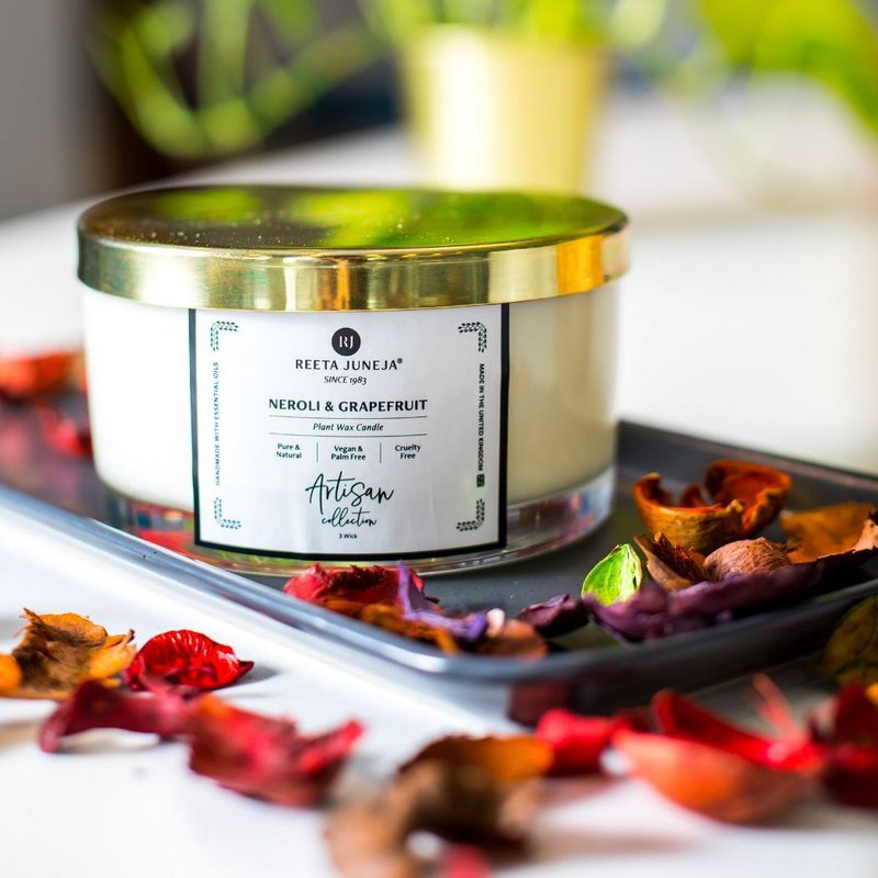Bougie pour la maison de luxe au néroli et au pamplemousse, roseaux d'aromathérapie et vaporisateur d'ambiance