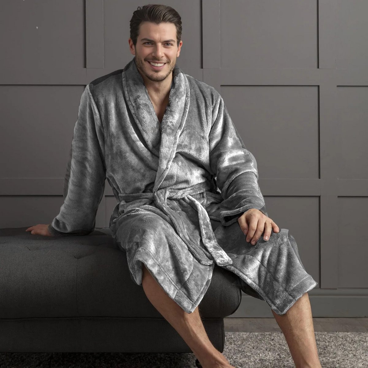Augio premium di Eden »Pleece di corallo morbido 350 g/m²» Coat di sauna lungo con borse annesse »Mantle mattutino di 116 cm» Unisex in grigio