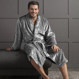 Premium badekåbe af Eden »Soft Coral Fleece 350 g/m²» Lang sauna frakke med tilknyttede poser »Morning Mantle 116 cm lang» unisex i grå