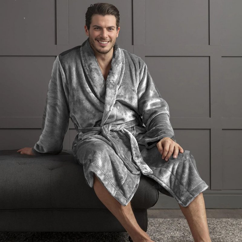 Premium badekåbe af Eden »Soft Coral Fleece 350 g/m²» Lang sauna frakke med tilknyttede poser »Morning Mantle 116 cm lang» unisex i grå