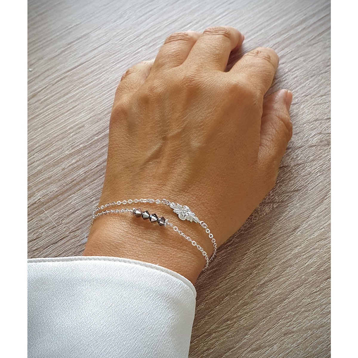 Rhodium plated double chain bracelet with "Black Silver Night" crystals
