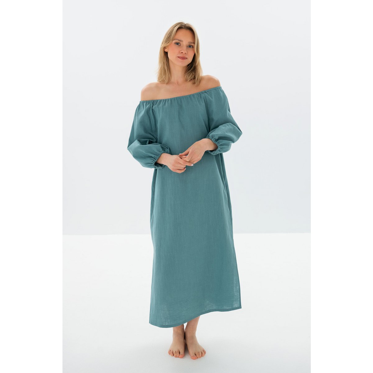 MOON — Vestido midi de lino lavado a la piedra con hombros descubiertos