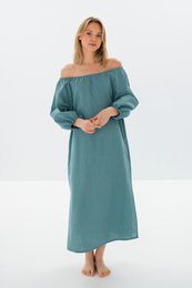 MOON — Vestido midi de lino lavado a la piedra con hombros descubiertos