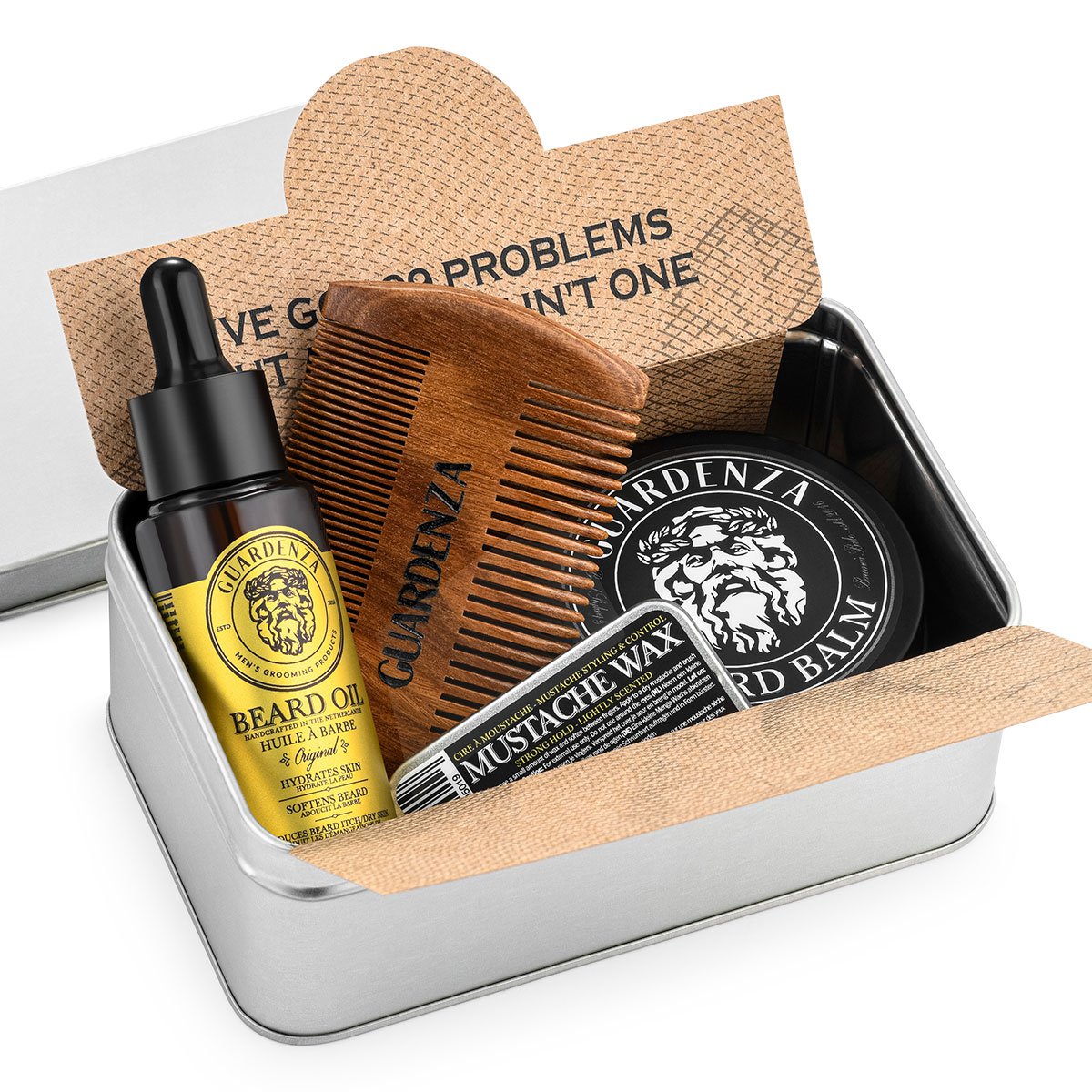 Ensemble de barbe Guardenza - Huile à barbe, baume à barbe, cire à moustache, peigne à barbe