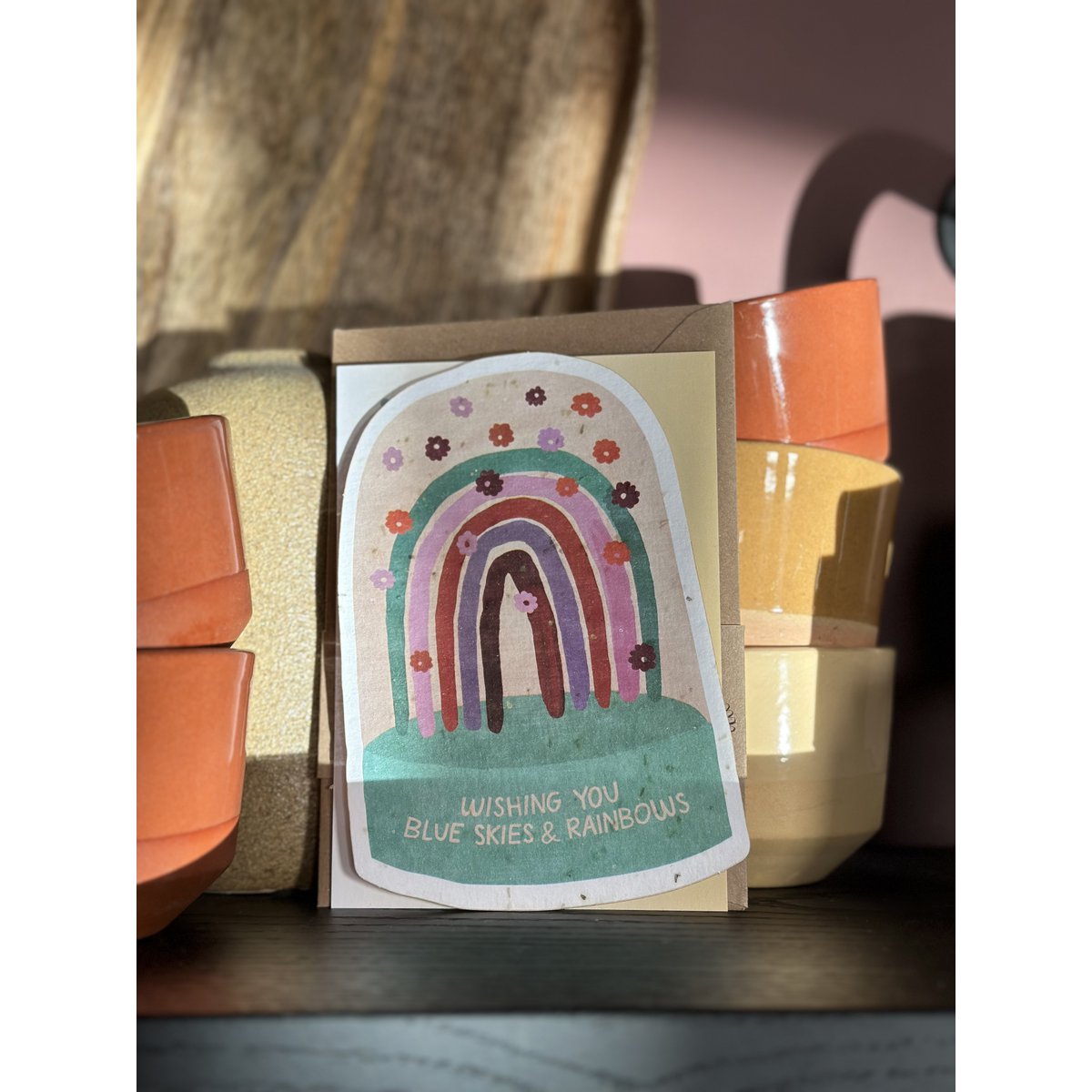 Send & Grow postcard - Blue skies and rainbows