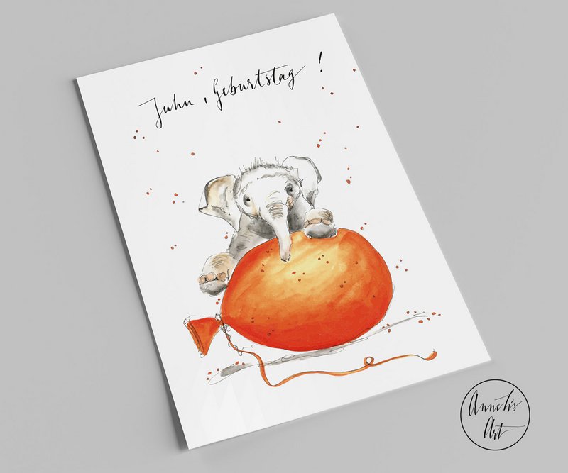 Postcard | Yay, birthday! | elephant with balloon | birthday card