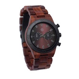 Wooden watch with cherry wood frame, chronograph features, and dark red dial.