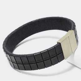  Black leather bracelet with grid pattern, metal buckle clasp, natural leather bangle