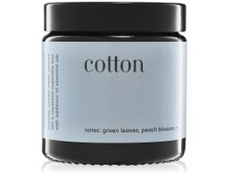 A round, tall cotton-scented candle made from 100% natural rapeseed wax, weighing 120g.