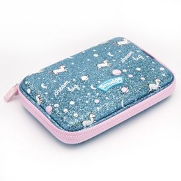 Glittery blue and pink hardtop pencil case with unicorn design, suitable for kids.