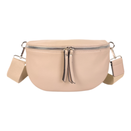 Beige cross-body bag with a zipper closure and adjustable strap.
