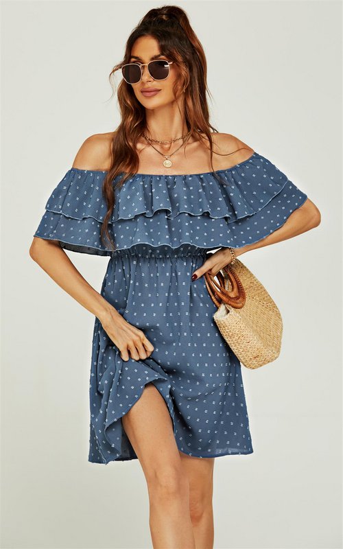 Bardot Frill mini kjole i blå