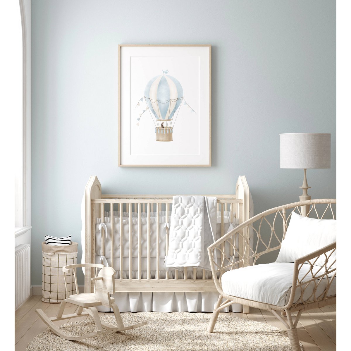 Hot air balloon print, hot air balloon poster, blue hot air balloon, bunny poster, blue boys room poster, woodland print, bunny print, boys nursery art print, boys room