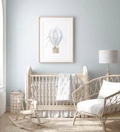 Hot air balloon print, hot air balloon poster, blue hot air balloon, bunny poster, blue boys room poster, woodland print, bunny print, boys nursery art print, boys room