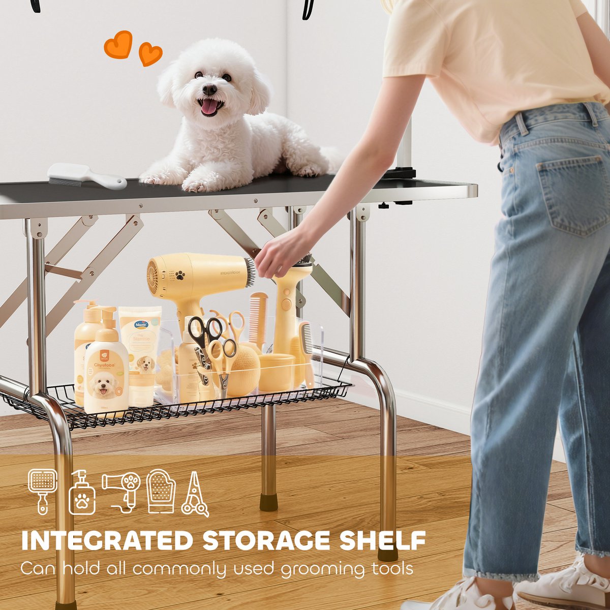 Trimming table for dogs, dog grooming table, foldable, pet grooming table with height-adjustable boom, slings, non-slip surface, shearing table up to 150 kg, 91.5 x 61.5 x 76 cm, black