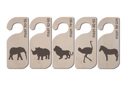 Safari-themed hangers in sizes 50 to 104, suitable for baby wardrobes. Silhouettes of various safari animals including elephant, rhinoceros, lion, ostrich, and zebra printed on the hangers.