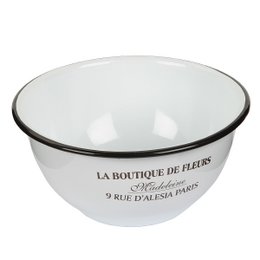 Enamel bowl with text "La Boutique de Fleurs" in white and black text on a white background.
The enamel bowl has a classic, simple design with a white interior and a black rim. The exterior features the text "La Boutique de Fleurs" printed in white and black, indicating this is a decorative item likely used for displaying or storing flowers or other small items. The bowl has a round, shallow shape suitable for a variety of uses in the home or kitchen.