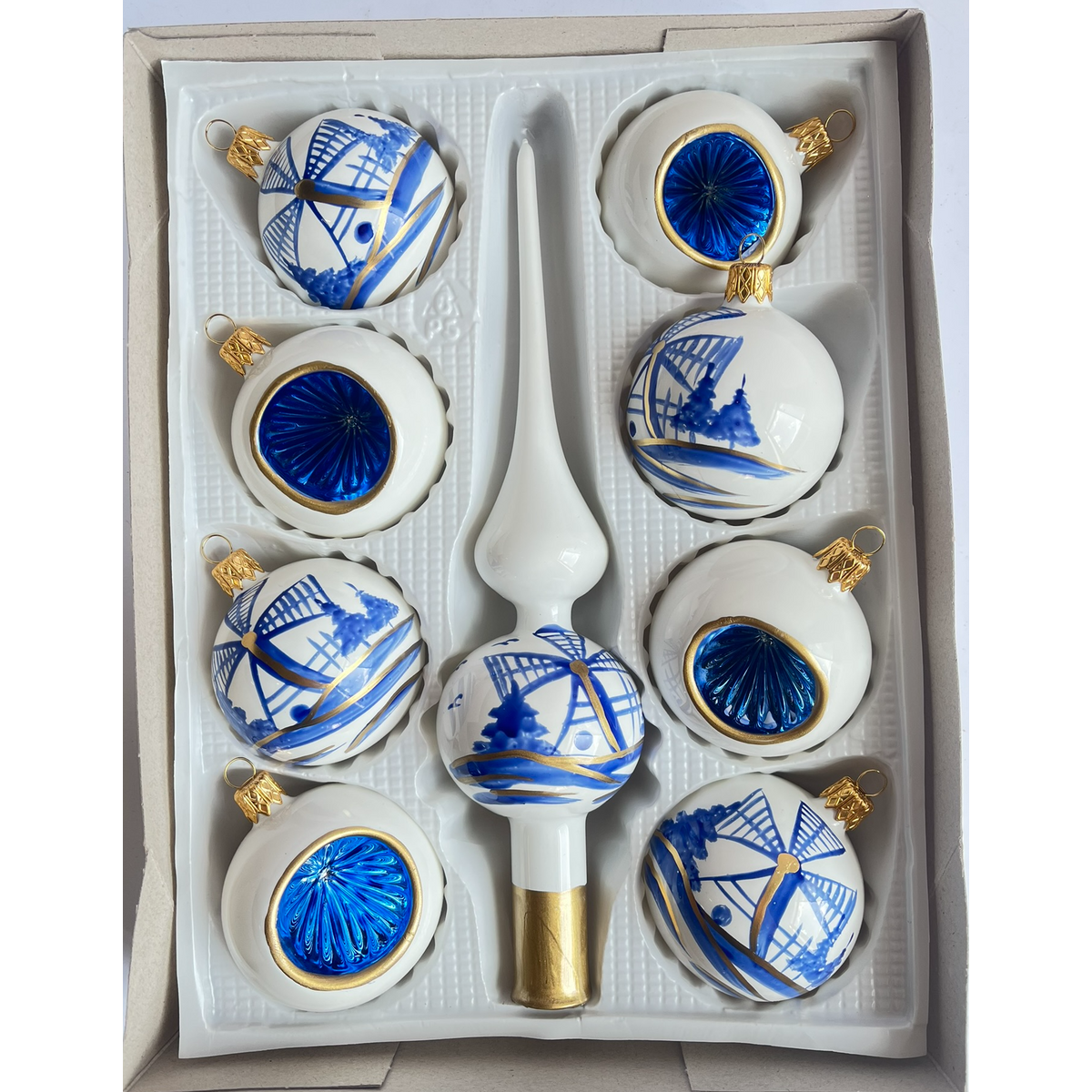 Weihnachtskugel-Set 8-tlg. mit Schirm, Delfter Blau, holländisches Dekor Retro, Vintage, handgefertigt in Polen