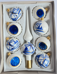Weihnachtskugel-Set 8-tlg. mit Schirm, Delfter Blau, holländisches Dekor Retro, Vintage, handgefertigt in Polen