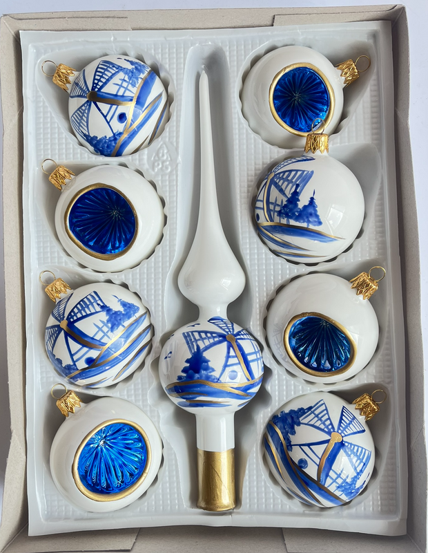 Weihnachtskugel-Set 8-tlg. mit Schirm, Delfter Blau, holländisches Dekor Retro, Vintage, handgefertigt in Polen