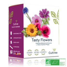 Organic edible flowers in a mini kit, including a variety of colorful blooms like yellow, pink, and purple flowers. The kit contains everything needed to grow the flowers, including soil and planting pots.