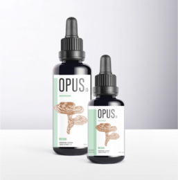 Reishi Opus Mushrooms, a dietary supplement available in 30ml and 50ml sizes, featuring a natural, earthy-toned design.