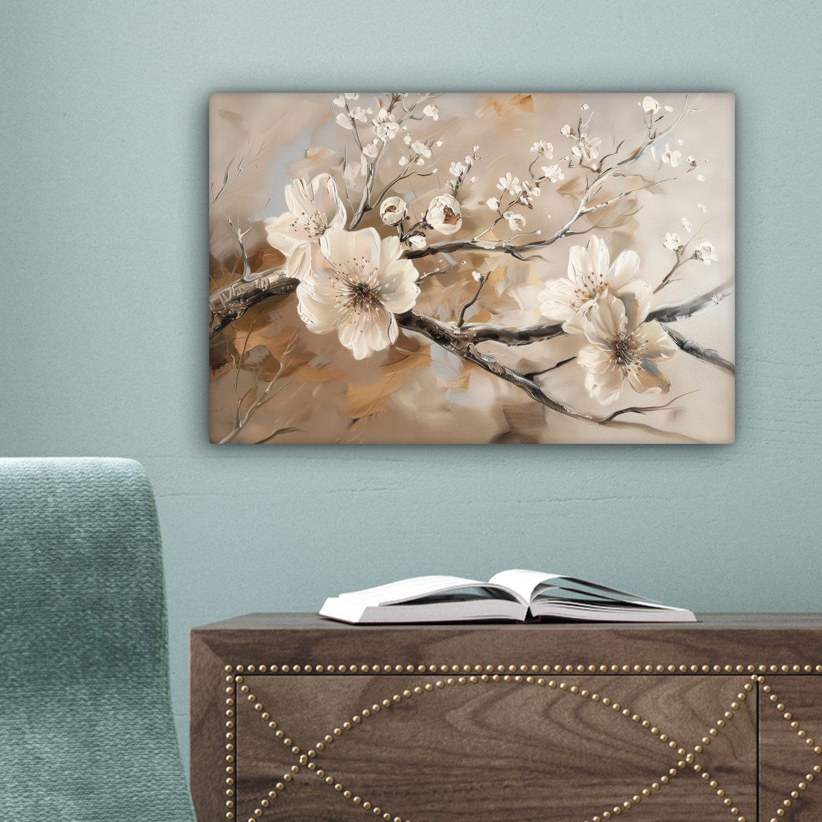 Canvas schilderij  - Wanddecoratie Bloemen - Natuur - Wit - Bloesem - Abstract - Muurdecoratie woonkamer - Slaapkamer decoratie - Kamer accessoires - Schilderijen op canvas