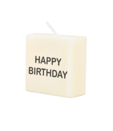 Cream-colored square candle with "HAPPY BIRTHDAY" text printed on it. Suitable for birthday celebrations.