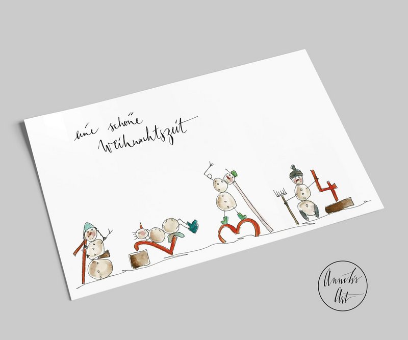 Postcard | Christmas card | Merry Christmas time | four funny snowmen