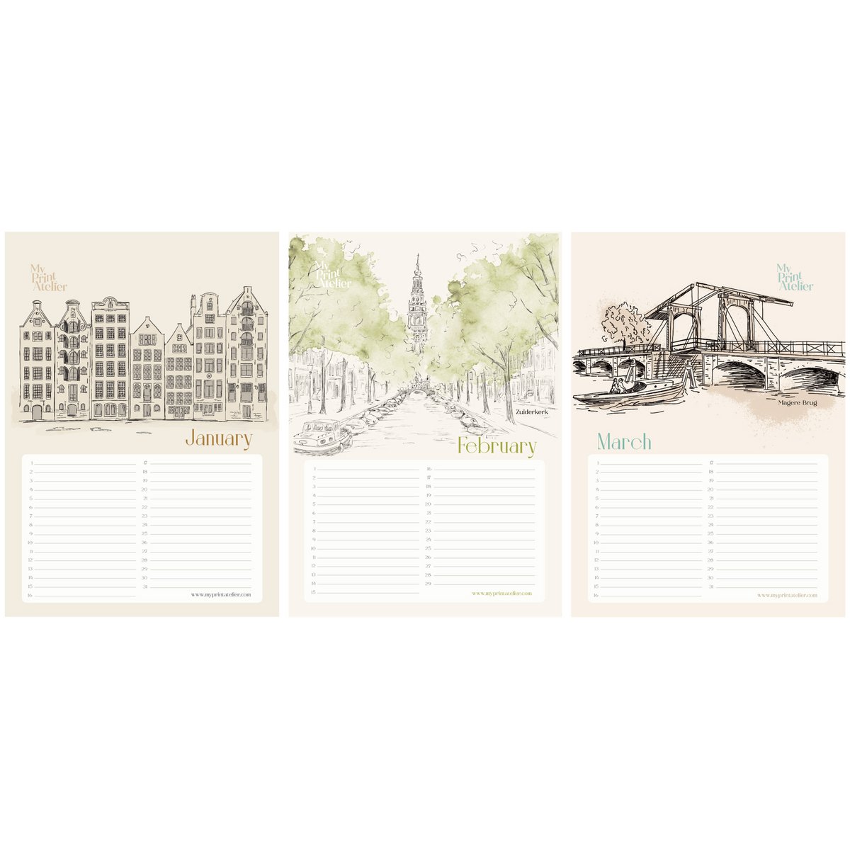 Verjaardagskalender Amsterdam Icons - Annet Weelink Design Amsterdam Schetsen - A4 - Eeuwigdurende Kalender - Premium Papier