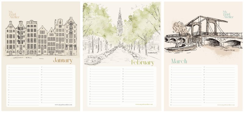 Verjaardagskalender Amsterdam Icons - Annet Weelink Design Amsterdam Schetsen - A4 - Eeuwigdurende Kalender - Premium Papier