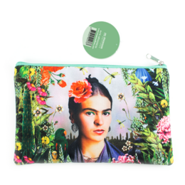 Colorful floral makeup pouch featuring a portrait of Frida Kahlo, a renowned Mexican artist known for her vibrant and iconic style.