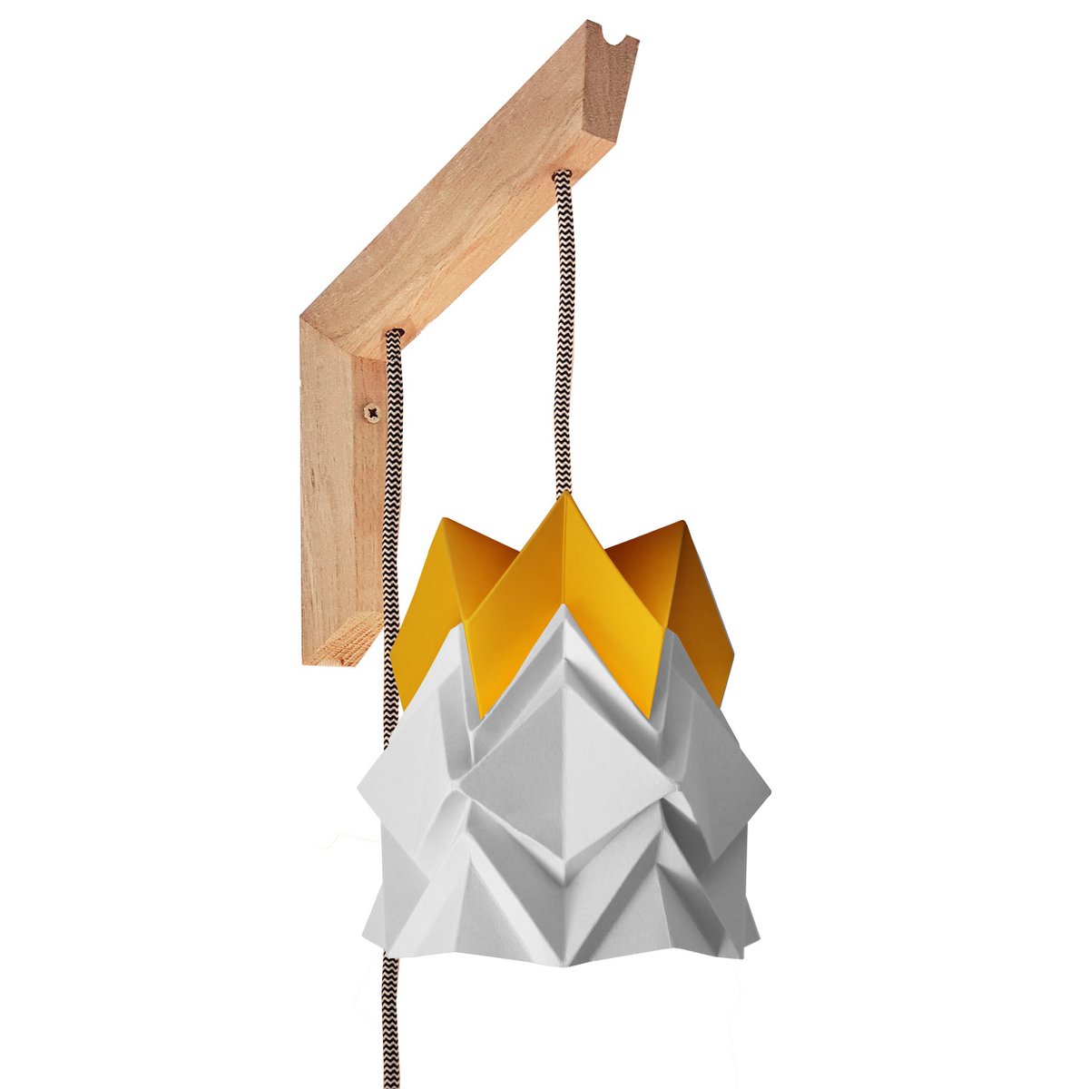 Holzwandleuchte und kleine zweifarbige Origami-Papierpendelleuchte