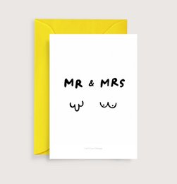A minimalist black and white greeting card with the text "Mr & Mrs" and a simple graphic design. The card is suitable for weddings, anniversaries, or other romantic occasions.