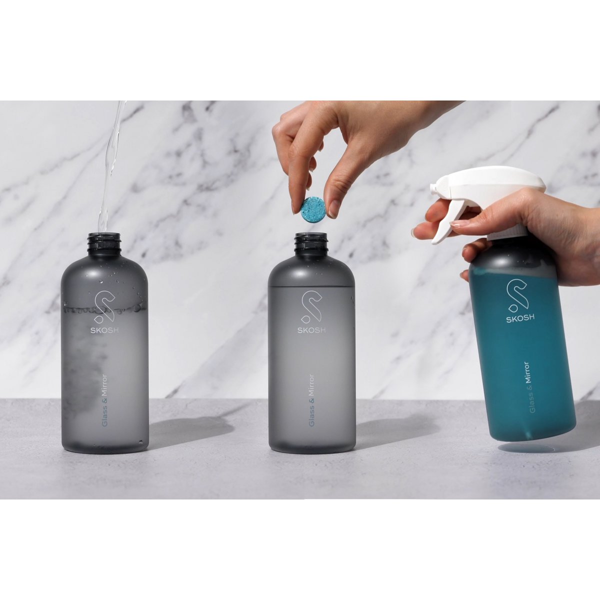 Glass and Mirror Cleaner, bottle and tablet
