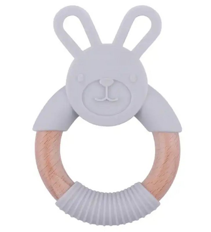 Baby-Beißring aus Holz und Silikon | Hase | Hellgrau