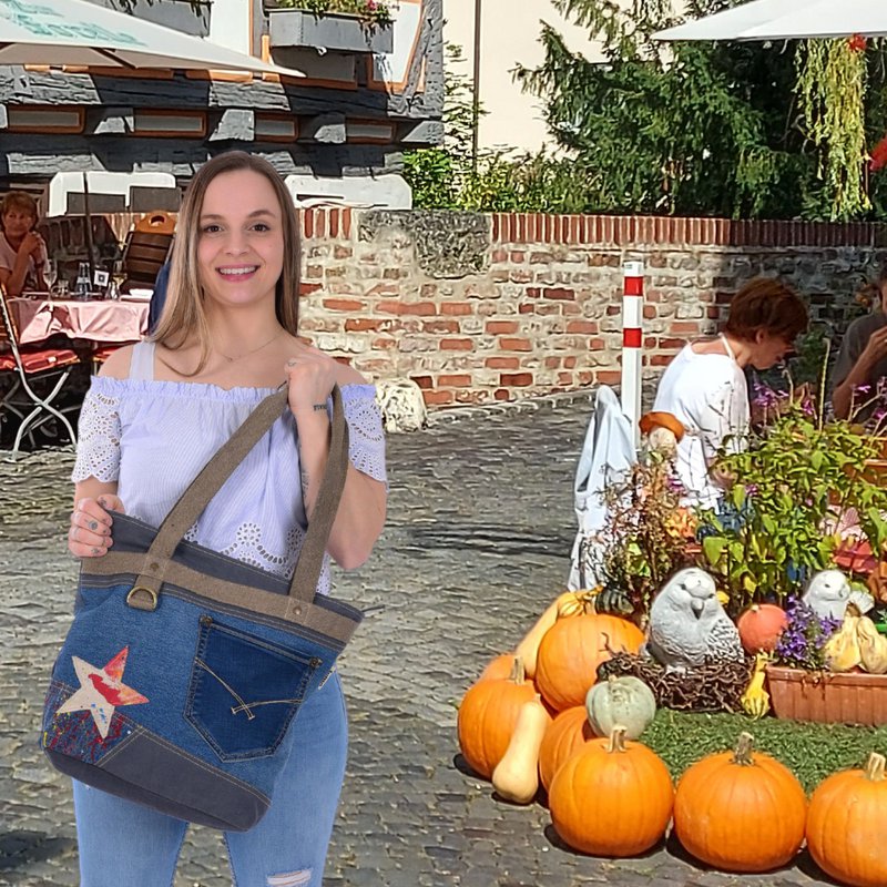 Sunsa dameshandtas. Shopper in vintage retrostijl. Schoudertas gemaakt van upcycled jeans. Grote veganistische tas