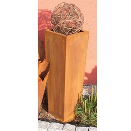 Tall wooden planter column with rustic patina finish, suitable for decorative plants or garden decor.