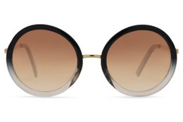 Round sunglasses, black frame, gradient brown lens, oversized style, metal bridge