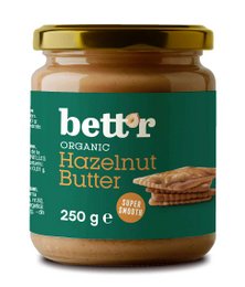 Organic hazelnut butter, smooth and creamy texture, made from roasted hazelnuts, no added sugar or salt, 250g jar.
