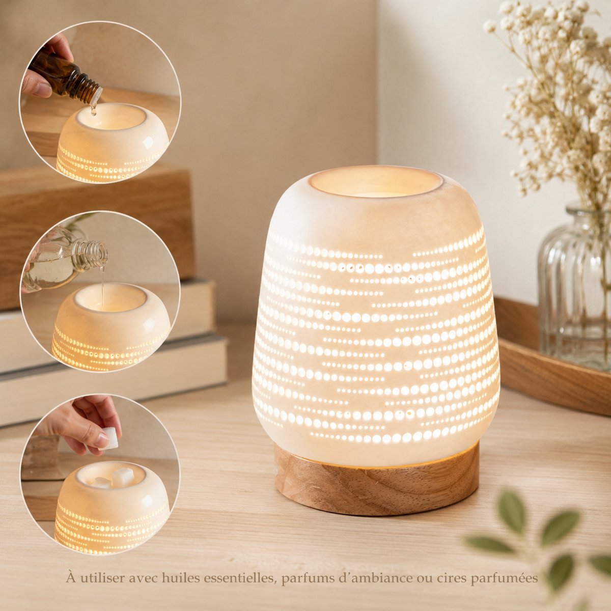 Calorya Quemador de Cera Perfumada n°16 - Quemador de Perfume Eléctrico para Fondant Perfumado - Elegante Lámpara de Perfume - Cerámica con Decoración Calada e Iluminación Ambiental