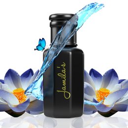 Blue Lotus perfume oil in a black bottle with floral accents and a splash of water. The product is described as a Jamila's Parfumolie, indicating it is a perfume oil.