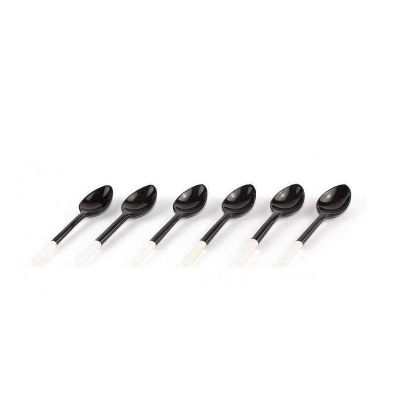 Set van 6 zwarte hoorn koffielepels wit handvat in been