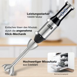 LIFETIME 1000W hand blender stainless steel - with splash guard and 8 levels plus turbo | High-quality stainless steel blender and blender | Kitchen Wand | Hand blender stirring rod stick - mixer 1000 watts