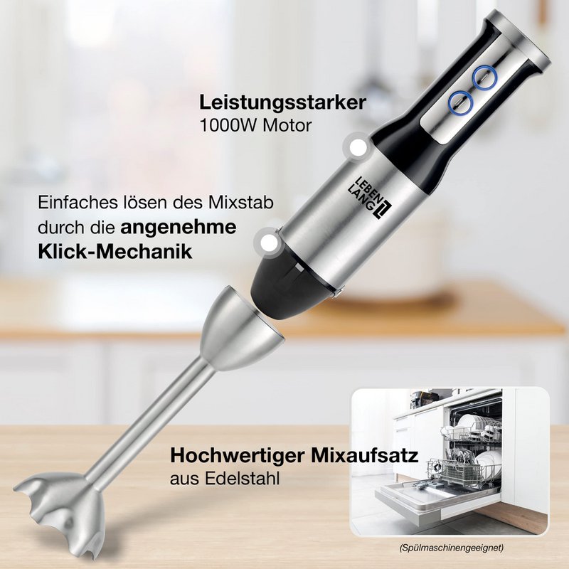 LIFETIME 1000W hand blender stainless steel - with splash guard and 8 levels plus turbo | High-quality stainless steel blender and blender | Kitchen Wand | Hand blender stirring rod stick - mixer 1000 watts