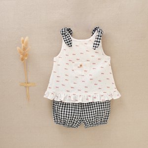 Baby girl's set with printed blouse and vichy check polo shirt I149-21319062