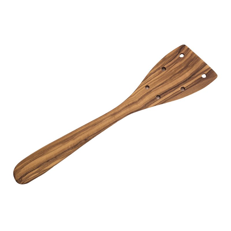 Slanted spatula with holes length 30 cm made of olive wood